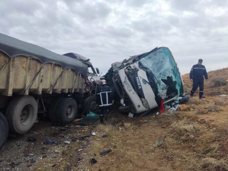 إصابة 17 شخصًا في حادث اصطدام حافلة وشاحنة ببريكة